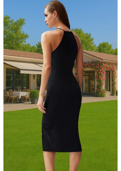Vücuda Oturan Cut Out Detaylı Finike Dokuma Abiye Elbise Rahat Kullanım Trend Tasarım Modern Stil