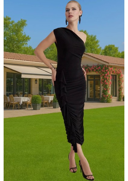 Vücudu Saran Tek Omuzlu Polyester Abiye Elbise Mezuniyet Balo Kaliteli Işçilik Konforlu Kesim