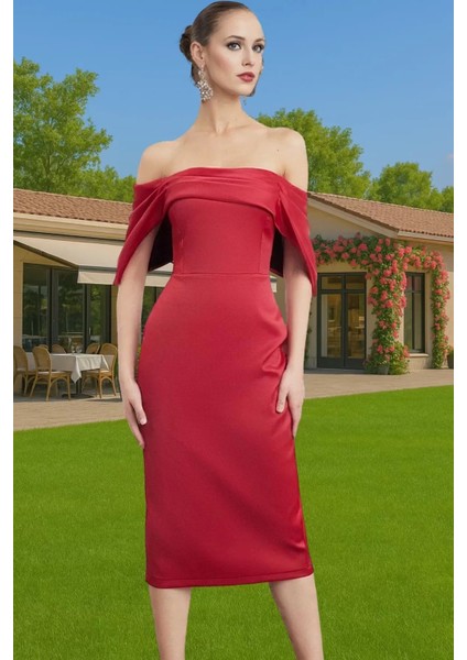 Midi Boy Polyester Abiye Elbise Carmen Yaka Bodycon Kesim Şık ve Rahat Tasarım Profesyonel Görünüm