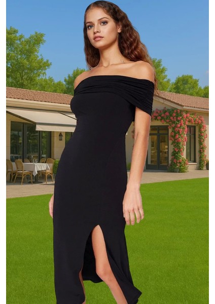 Astarlı Kadın Carmen Yaka Örme Midi Elbise Polyester Karışımlı Yazlık Şık Elbise Rahat ve Şık