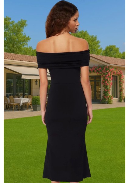 Astarlı Kadın Carmen Yaka Örme Midi Elbise Polyester Karışımlı Yazlık Şık Elbise Rahat ve Şık modelleri