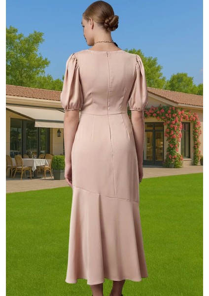 Feminen A Kesim Midi Saten Elbise Yaz Mevsimi Için Şık Görünüm Zarifane Tasarım Profesyonel Görünüm modelleri