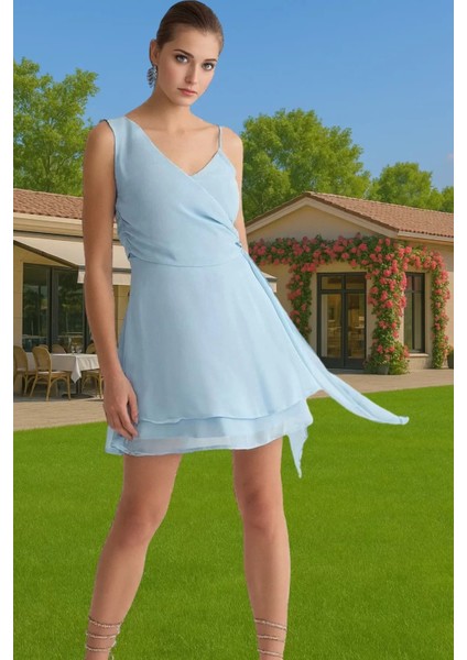 Yazlık Asimetrik Yaka Büzgü Detaylı Şifon Mini Elbise Yüksek Kalite Rahat ve Şık Uzun Ömürlü