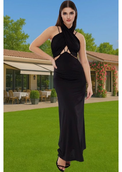 Midi Boy Örme Abiye Elbise Cut Out Detaylı Polyester Yazlık Elbise Özel Tasarım Profesyonel Görünüm
