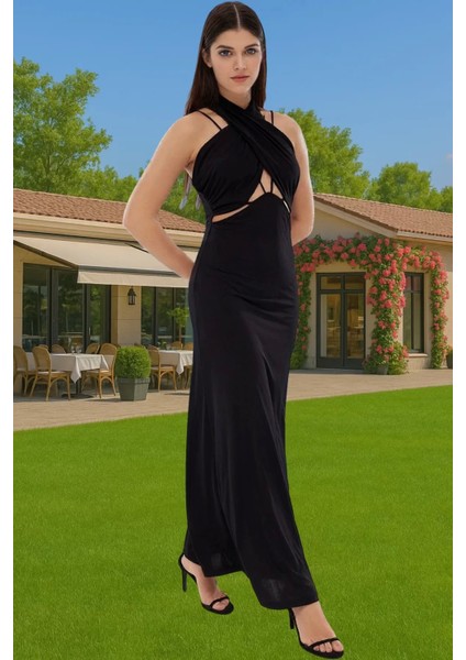 Midi Boy Örme Abiye Elbise Cut Out Detaylı Polyester Yazlık Elbise Özel Tasarım Profesyonel Görünüm