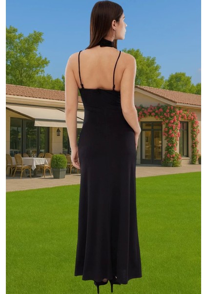 Midi Boy Örme Abiye Elbise Cut Out Detaylı Polyester Yazlık Elbise Özel Tasarım Profesyonel Görünüm
