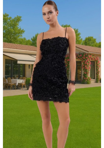 Bodycon Mini Abiye Elbise 3D Gül Aplike Detaylı Polyester Tül Kumaş Kaliteli Işçilik Şık Görünüm
