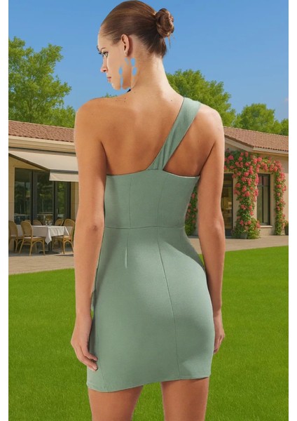 Asimetrik Yaka Mini Elbise Bodycon Kalıp Polyester Elastan Şık Elbise Seçkin Malzeme Özenle Seçilmiş