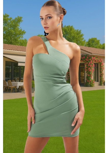 Asimetrik Yaka Mini Elbise Bodycon Kalıp Polyester Elastan Şık Elbise Seçkin Malzeme Özenle Seçilmiş