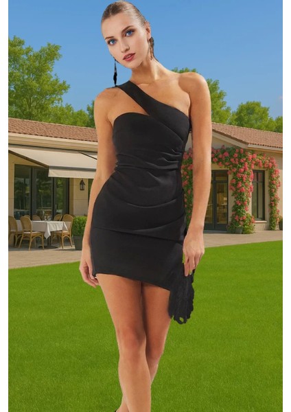 Asimetrik Yaka Mini Elbise Bodycon Kalıp Polyester Elastan Şık Elbise Seçkin Malzeme Özenle Seçilmiş