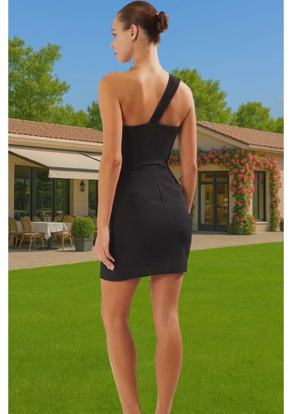 Asimetrik Yaka Mini Elbise Bodycon Kalıp Polyester Elastan Şık Elbise Seçkin Malzeme Özenle Seçilmiş fiyatları