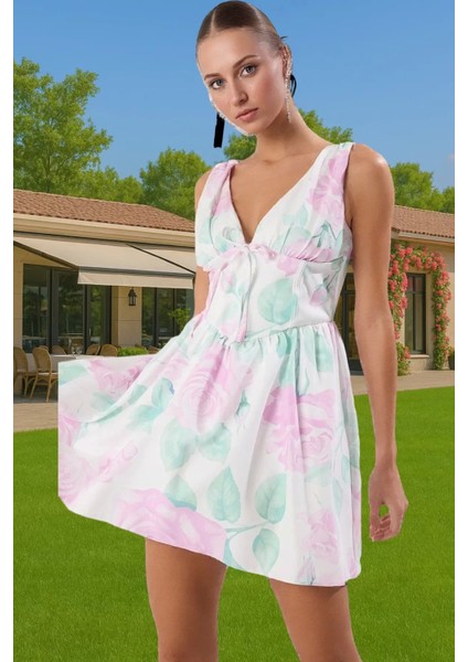 Kısa Astarlı V Yaka Elbise Yazlık Polyester Kaliteli Işçilik Mükemmel Uyum Seçkin Malzeme