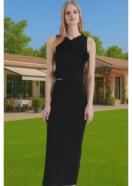 Bodycon Gül Detaylı Örme Abiye Elbise Polyester Yazlık Dayanıklı Malzeme Dayanıklı Malzeme