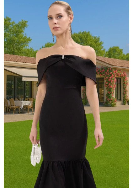 Şık Fiyonklu A Kesim Midi Abiye Elbise Dokuma Kumaştan Yazlık Dayanıklı Malzeme Rahat Kullanım