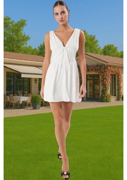 Kısa Astarlı V Yaka Elbise Yazlık Polyester Kaliteli Işçilik Mükemmel Uyum Seçkin Malzeme