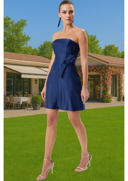 Kadın Polyester Mat Saten A Kesim Straplez Mini Abiye Elbise Rahat Kullanım Zarifane Tasarım