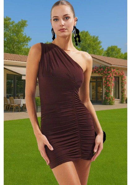 Asimetrik Yaka Drapeli Mini Elbise Polyester Elastan Yazlık Dayanıklı Malzeme Premium Kalite