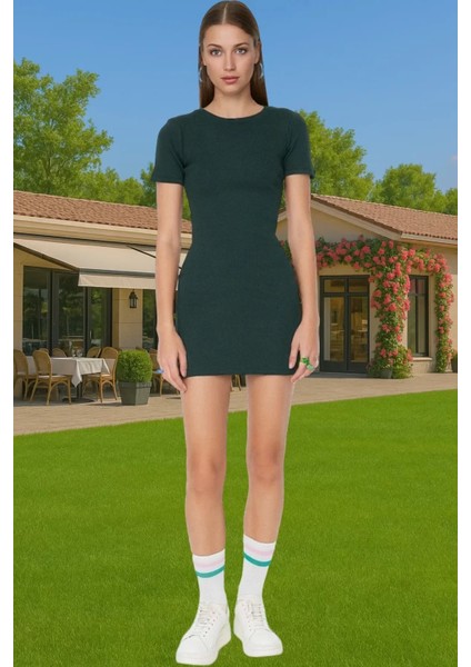 Kadın Mini Elbise Örme Kumaş Bisiklet Yaka Bodycon Kalıp Rahat Konforlu Kesim Modern Stil