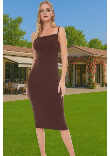 Rahat ve Şık Askılı Midi Elbise Polyester Elastan Örme Kumaş Kaliteli Işçilik Özenle Seçilmiş