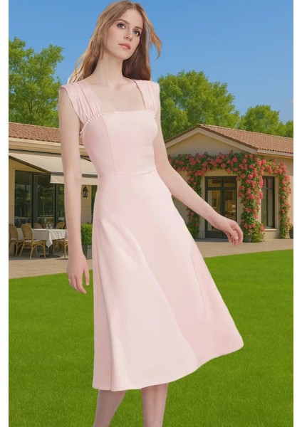 Yazlık Midi Boy Inci Detaylı Abiye Elbise Polyester Elastan Kumaş Modern Stil Uzun Ömürlü