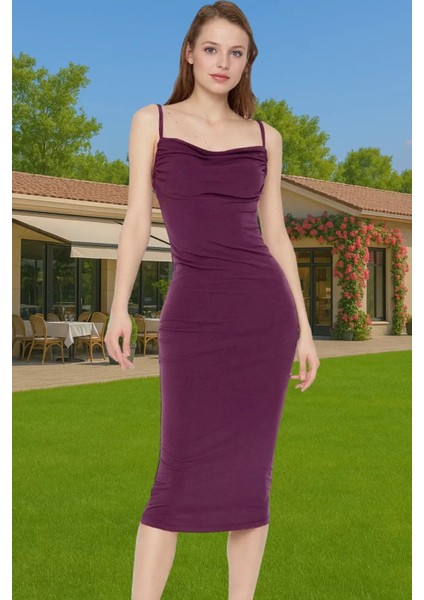 Rahat ve Şık Askılı Midi Elbise Polyester Elastan Örme Kumaş Kaliteli Işçilik Özenle Seçilmiş