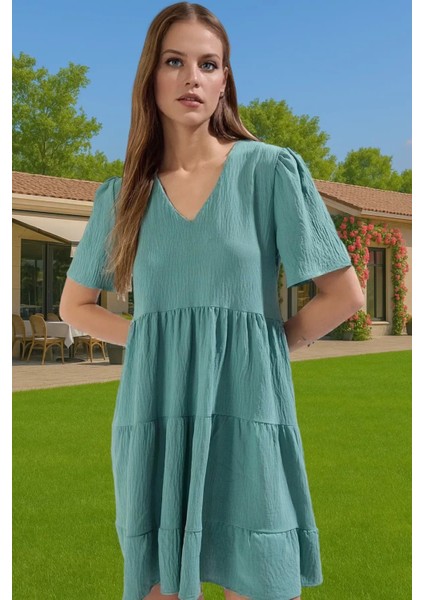 Kadın V Yaka Kısa Kollu Mini Elbise Polyester Dokuma Günlük Mükemmel Uyum Şık Görünüm Özel Tasarım