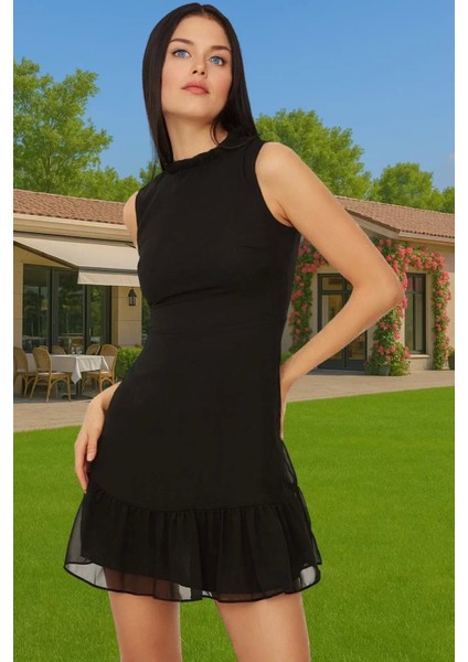 A Kesim Kolsuz Şifon Mini Elbise Polyester Dokuma Yazlık Profesyonel Görünüm Konforlu Kesim