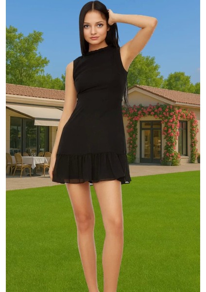 A Kesim Kolsuz Şifon Mini Elbise Polyester Dokuma Yazlık Profesyonel Görünüm Konforlu Kesim fiyatları