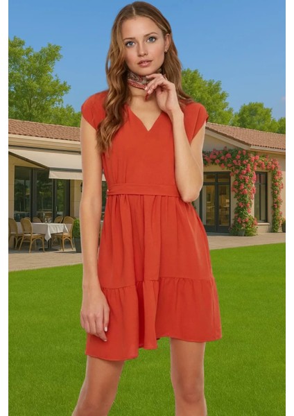 Rahat Günlük Mini Elbise Polyester Dokuma Kumaş V Yaka Bel Detaylı Yüksek Kalite Premium Kalite
