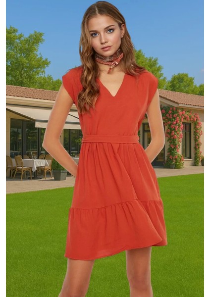 Rahat Günlük Mini Elbise Polyester Dokuma Kumaş V Yaka Bel Detaylı Yüksek Kalite Premium Kalite fiyatları