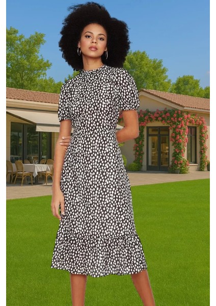 Feminen A Kesim Çiçekli Midi Elbise Polyester Dokuma Kısa Balon Kol Rahat Kullanım Rahat ve Şık