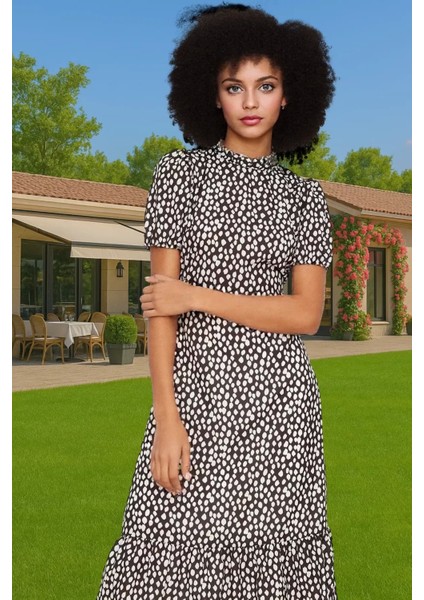 Feminen A Kesim Çiçekli Midi Elbise Polyester Dokuma Kısa Balon Kol Rahat Kullanım Rahat ve Şık fiyatları