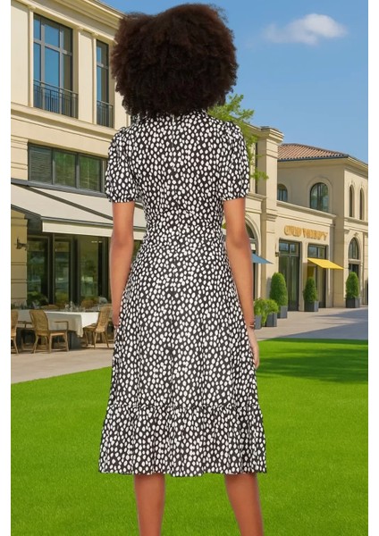 Feminen A Kesim Çiçekli Midi Elbise Polyester Dokuma Kısa Balon Kol Rahat Kullanım Rahat ve Şık modelleri