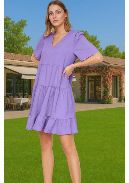 Kadın V Yaka Kısa Kollu Mini Elbise Polyester Dokuma Günlük Mükemmel Uyum Şık Görünüm Özel Tasarım fiyatları