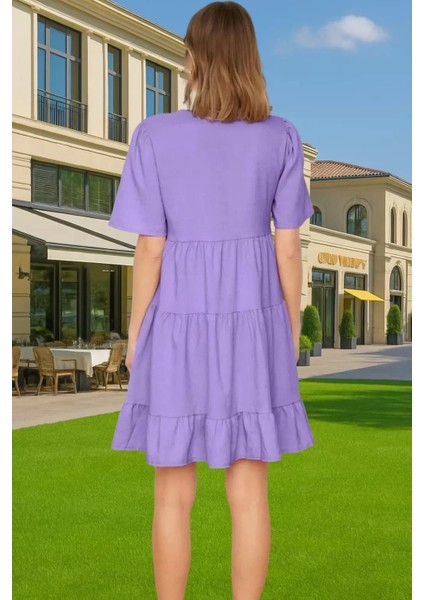 Kadın V Yaka Kısa Kollu Mini Elbise Polyester Dokuma Günlük Mükemmel Uyum Şık Görünüm Özel Tasarım modelleri