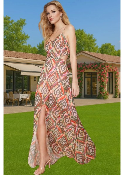 Yazlık Astarlı V Yaka Çiçekli Şifon Maxi Elbise A Kesim Uzun Ömürlü Rahat Kullanım Konforlu Kesim