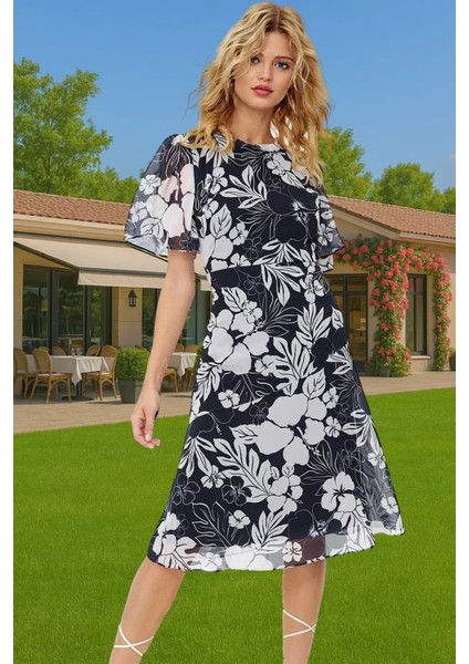 Polyester Midi Elbise Şifon Kumaş A Kesim Melek Kol Astarlı Zarifane Tasarım Trend Tasarım