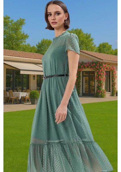 Kadın Yazlık Astarlı Kemerli Midi Elbise Şifon Kumaş A Kesim Modern Stil Trend Tasarım Özel Tasarım