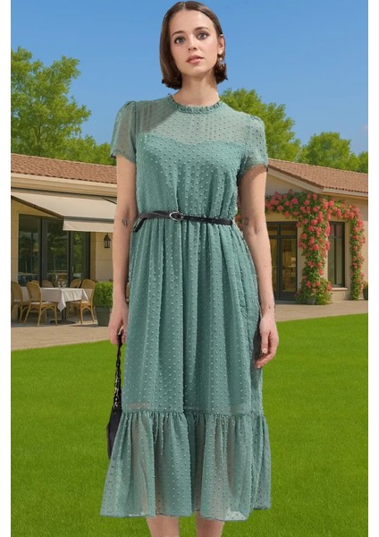 Kadın Yazlık Astarlı Kemerli Midi Elbise Şifon Kumaş A Kesim Modern Stil Trend Tasarım Özel Tasarım