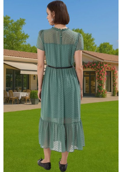 Kadın Yazlık Astarlı Kemerli Midi Elbise Şifon Kumaş A Kesim Modern Stil Trend Tasarım Özel Tasarım
