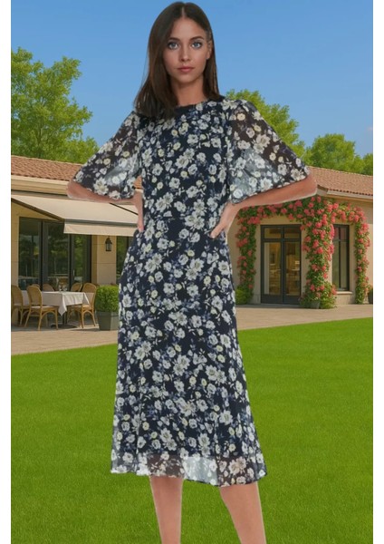 Polyester Midi Elbise Şifon Kumaş A Kesim Melek Kol Astarlı Zarifane Tasarım Trend Tasarım