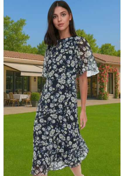 Polyester Midi Elbise Şifon Kumaş A Kesim Melek Kol Astarlı Zarifane Tasarım Trend Tasarım