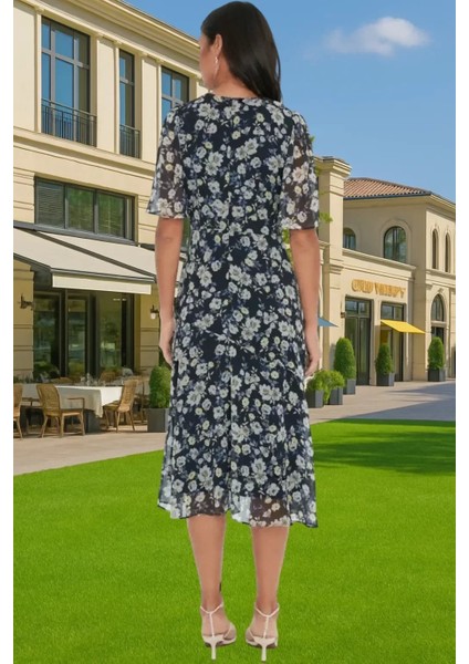 Polyester Midi Elbise Şifon Kumaş A Kesim Melek Kol Astarlı Zarifane Tasarım Trend Tasarım