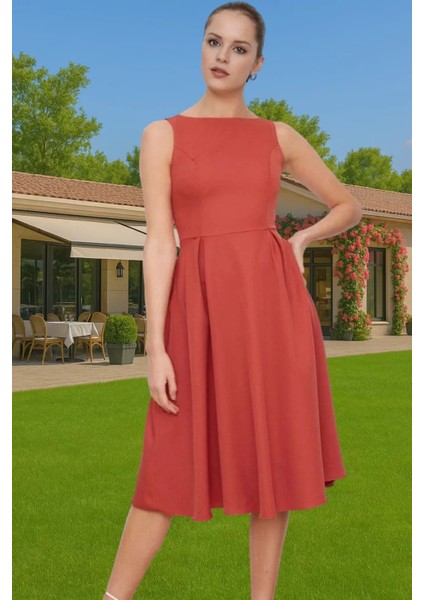 Kadın Bisiklet Yaka Kolsuz Midi Elastan Elbise Uzun Ömürlü Profesyonel Görünüm Zarifane Tasarım