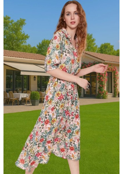 Kadın Yazlık Midi Gömlek Elbise Animal Desenli Viskoz Kumaş Rahat Kalıp Modern Stil Seçkin Malzeme