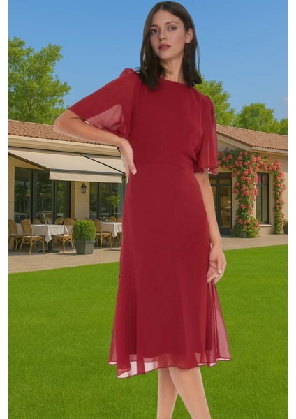 Polyester Midi Elbise Şifon Kumaş A Kesim Melek Kol Astarlı Zarifane Tasarım Trend Tasarım