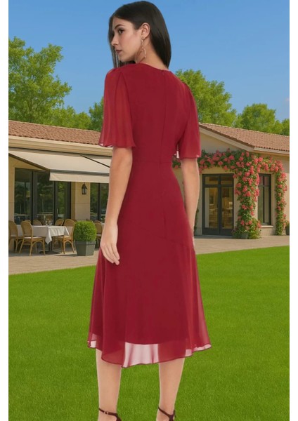 Polyester Midi Elbise Şifon Kumaş A Kesim Melek Kol Astarlı Zarifane Tasarım Trend Tasarım modelleri