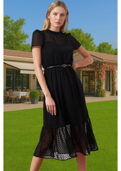 Kadın Yazlık Astarlı Kemerli Midi Elbise Şifon Kumaş A Kesim Modern Stil Trend Tasarım Özel Tasarım