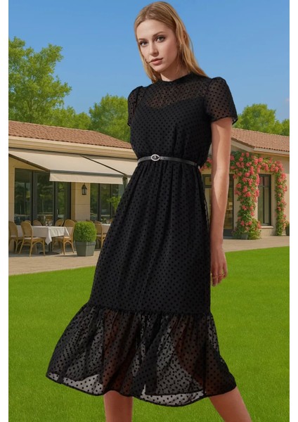 Kadın Yazlık Astarlı Kemerli Midi Elbise Şifon Kumaş A Kesim Modern Stil Trend Tasarım Özel Tasarım