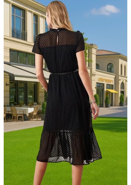Kadın Yazlık Astarlı Kemerli Midi Elbise Şifon Kumaş A Kesim Modern Stil Trend Tasarım Özel Tasarım